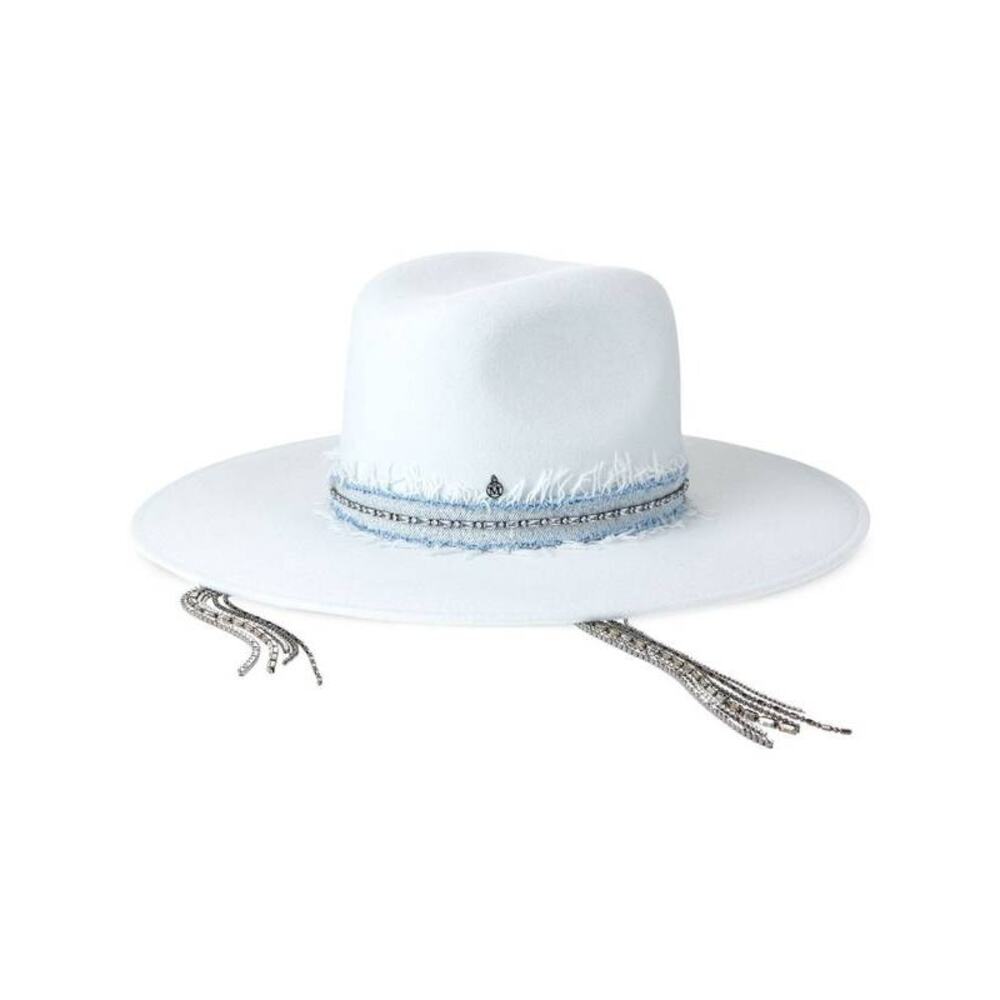 White Wide-Brim Fedora with Beaded Fringe Trim